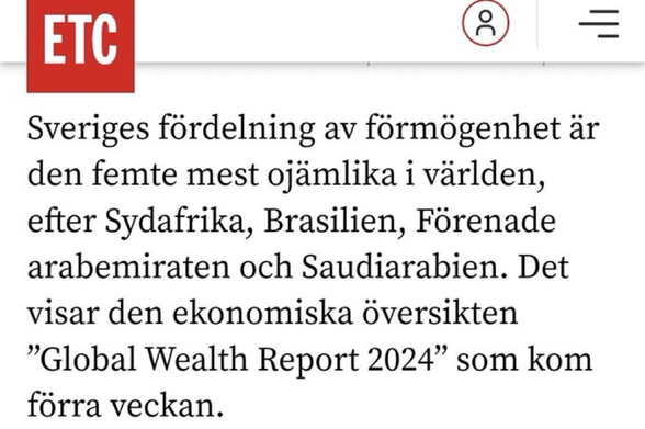 Sveriges fördelning av förmögenhet är den femte mest ojämlika i världen, efter Sydafrika, Brasilien, Förenade arabemiraten och Saudiarabien. Det visar den ekonomiska översikten "Global Wealth Report 2024" som kom förra veckan.