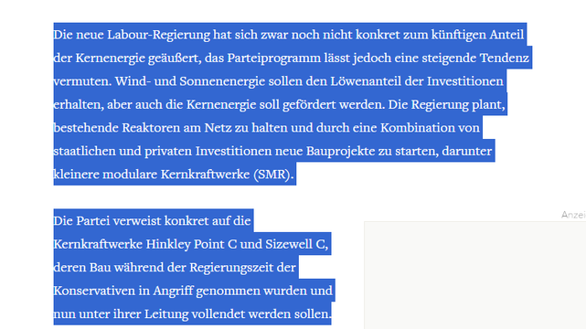 Ein blau markiertes Zitat aus einem Welt-Artikel zur Atomkraft in UK. Quelle: https://www.welt.de/politik/ausland/article254126956/Atomausstieg-Grossbritannien-baut-lieber-neue-Kernkraftwerke.html