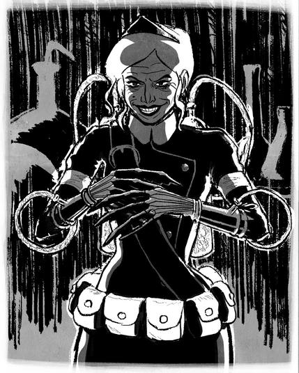 Lady d’Arcy smiling sinisterly stands in front of stuff from her lab. She wears a black outfit with a collar and a utility belt, and their arms are adorned with mechanical appendages, linked to bottles in her back. The overall style is monochromatic with strong contrasts.