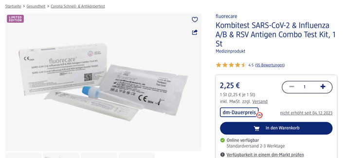 screenshot von der dm webseite. den kombitest von fluorecare gibt es dort für €2,25