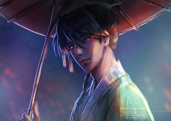 dark version of 
TGCF Hua cheng art from heaven official's blessing chinese danmei novel by mxtx illustration in green teal outfit from audio drama version