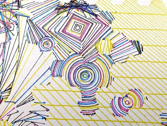 A deeply intricate pen plotter piece inspired by wave function collapse. Its dynamic, sweeping lines and swirling intersections echo the chaos of a mind struggling in the storm. The layers of lines symbolize descent, revealing the intricate, uncontrollable patterns of thought, emotion, and the universe. The artwork's abstract nature allows the viewer to feel the intensity of forces beyond control, blending physical and mental states into one visual narrative.