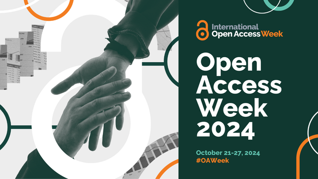 Photo by Austin Kehmeier. Design by Kim Henze.
A hand reaches another with the International Open Access Week 2024 logo and dates of October 21 - 27 2024 #OAWeek