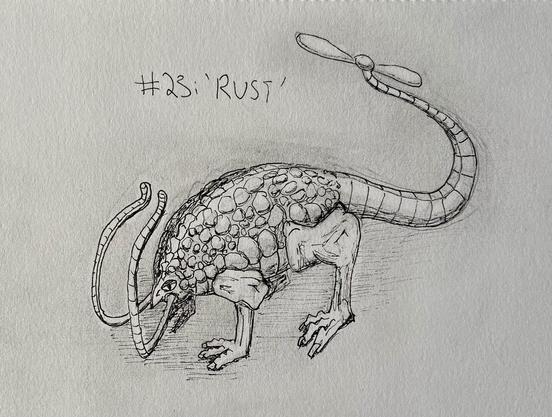 An ink and pencil drawing of a strange creature which looks a bit like an armadillo, but with a beak and weird tentacle antennae, big bony legs, and a long tail with a beanie hat propeller shape on the end. If you, like the illustrator, are a geek of a certain vintage, you may recognise it as the 1st edition D&D rust monster. It looks bored and sad, like it knows how low level it is.