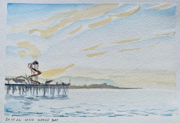A watercolour of a pier in front of a dramatic yellowish blue sky.
