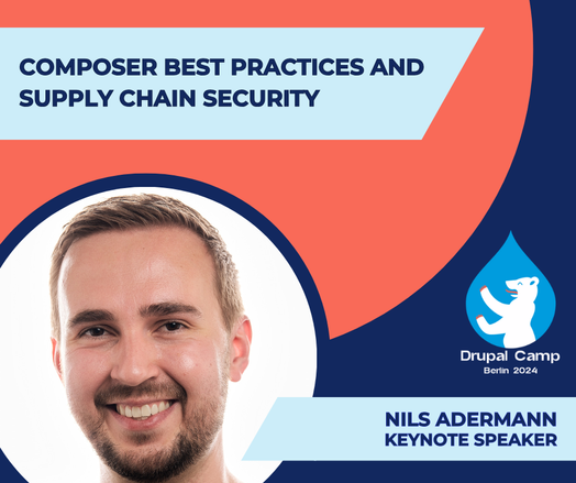 A promotional graphic for Drupal Camp Berlin 2024 featuring a headshot of Nils Adermann, labeled as "Keynote Speaker." The title "Composer Best Practices and Supply Chain Security" is displayed at the top. The Drupal Camp Berlin 2024 logo is in the bottom right corner.