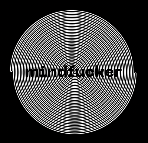 A white swirl design against a black background with the word "mindfucker" in black.