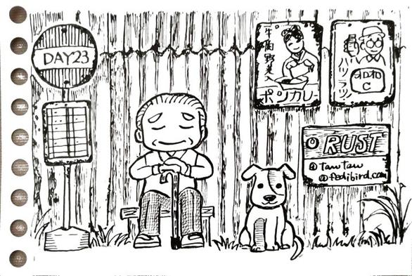 A rusty tin shed, an enamel signboard, and a bus stop. An old man and a dog are sitting in front of the bus stop.
錆だらけのトタンの建物、ホーローの看板、バス停。バス停まえにおじいさんと犬が座っている。