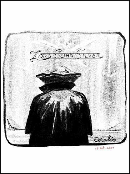 Black and white drawing of a figure seen from behind. A man wears a dark cape and sailor hat.