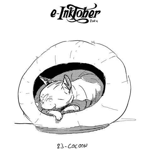 A black and white drawing of a cat sleeping in a felted wool cocoon.