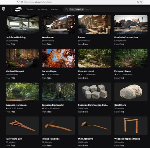 Captura de la web de Fab con algunas miniaturas de los elementos que ahora se pueden conseguir gratuitamente.