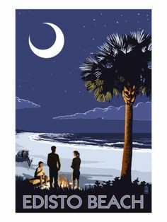 Color image of a postal card, Edisto Beach, Edisto Island, South Carolina, USA. Image shows artwork of a family with a beachfire, palmetto tree left, impossible crescent moon overhead.