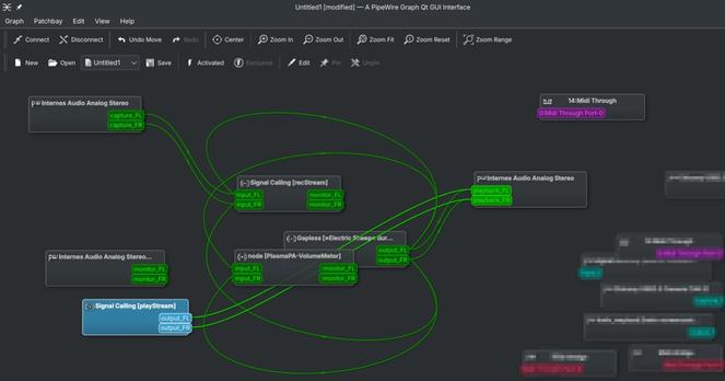 qpwgraph screenshot, where the outputs of the "gapless" music player are patched into the mic input of signal desktop