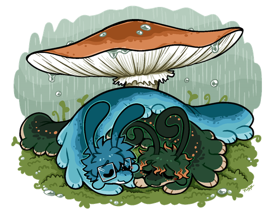 an illustration of two velvet worm-like critters snuggled up together under a large, brown mushroom, using it as an umbrella. one of the worms is bright blue with square glasses, and the other is dark green with orange spots and highlights.