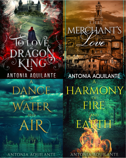 Book covers of To Love the Dragon King, The Merchant’s Love, A Dance of Water and Air, A Harmony of Fire and Earth