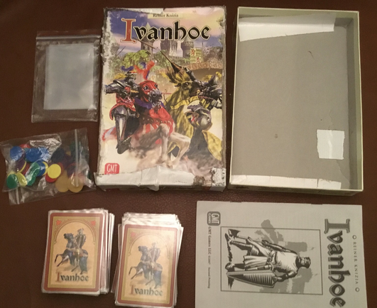 Ivanhoe card game with a heavily repaired box