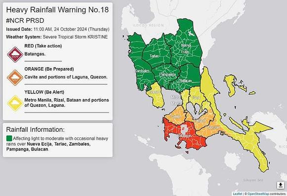 Heavy Rainfall Warning #18 showing RED, ORANGE & YELLOW rainfall areas