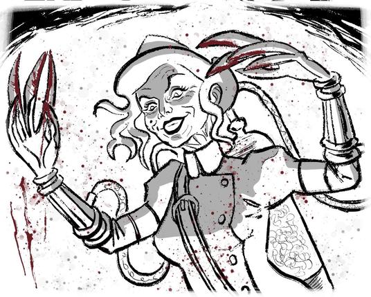 Lady d’Arcy seems to be completely mad, with a sinister smile, wearing a nurse outfit, features mechanical claws for hands. The background includes splatters of blood and a tentacle-like element. The overall style is dark and eerie.