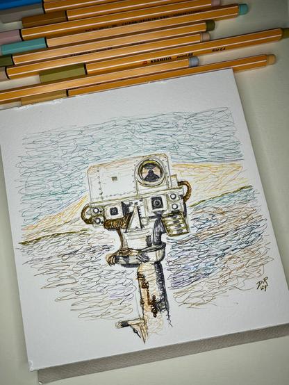 HOLIDAY SNAPS by Danielle Rose Baker. A loosely sketched illustration of Mars rover Curiosity against a background of multi-colored hills and slopes, based on an actual selfie that actual Curiosity took on Mars. This is done in several colors of fine-point markers, combining brighter colors to get a more nuanced, subdued color palette. The title is from Monty Python, as the image reflects those overly stiff photos of oneself taken on holiday. Such snaps are then inflicted on your loved ones after family dinners, usually by the slide carousel-full.