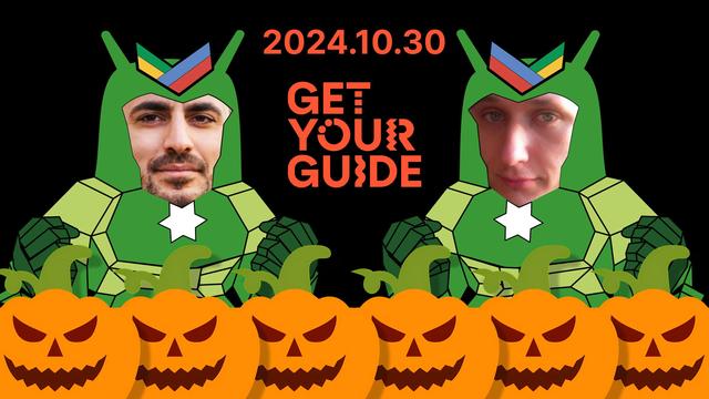 6 Pumpkin with jack-o-lantern face on the front, 2 robot illustration with a human face inserted onto them each, and the text "2024.10.30" and the logo of "GetYourGuide" on top of it