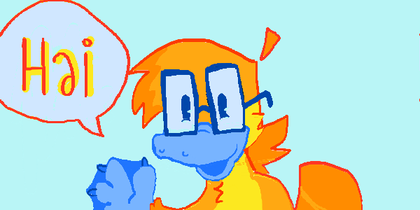 A digital drawing of my orange-furred platypus sona waving and saying "hai"! They wear very cartoony, rectangular glasses, and have a blue bill and feet.

made using Mastodon's "Draw something" tool