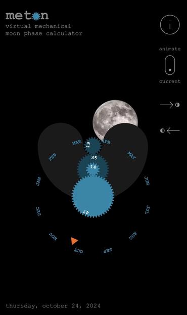 Virtual mechanical moon phase calculator app „Meton“, screenshot as of october 24, 2024.