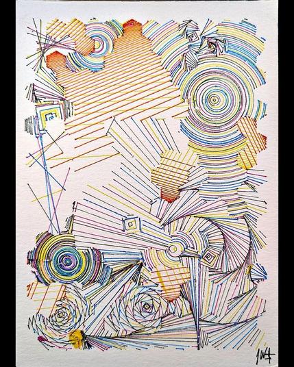 A deeply intricate pen plotter piece inspired by wave function collapse. Its dynamic, sweeping lines and swirling intersections echo the chaos of a mind struggling in the storm. The layers of lines symbolize descent, revealing the intricate, uncontrollable patterns of thought, emotion, and the universe. The artwork's abstract nature allows the viewer to feel the intensity of forces beyond control, blending physical and mental states into one visual narrative.