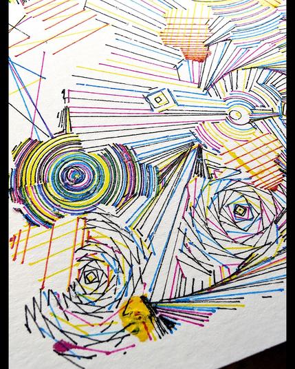 A deeply intricate pen plotter piece inspired by wave function collapse. Its dynamic, sweeping lines and swirling intersections echo the chaos of a mind struggling in the storm. The layers of lines symbolize descent, revealing the intricate, uncontrollable patterns of thought, emotion, and the universe. The artwork's abstract nature allows the viewer to feel the intensity of forces beyond control, blending physical and mental states into one visual narrative.