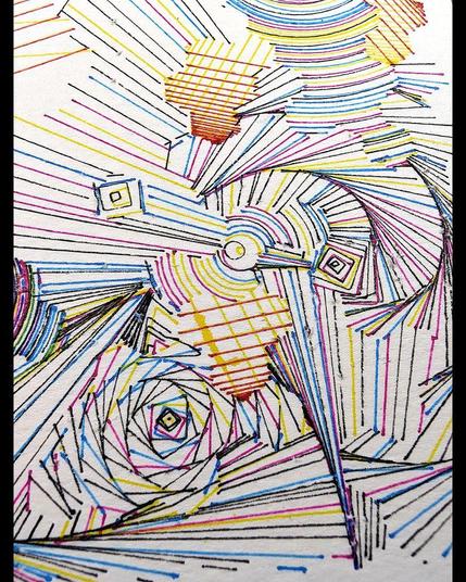 A deeply intricate pen plotter piece inspired by wave function collapse. Its dynamic, sweeping lines and swirling intersections echo the chaos of a mind struggling in the storm. The layers of lines symbolize descent, revealing the intricate, uncontrollable patterns of thought, emotion, and the universe. The artwork's abstract nature allows the viewer to feel the intensity of forces beyond control, blending physical and mental states into one visual narrative.