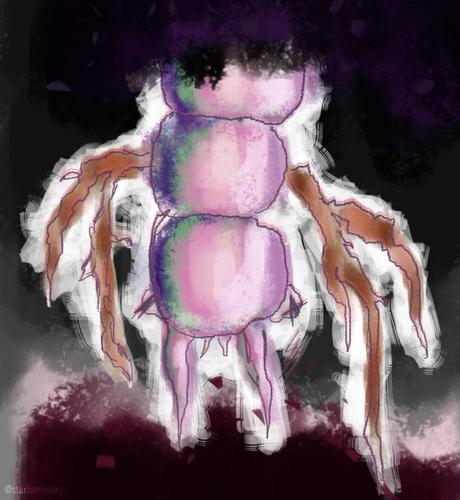 A grungy-styled digital painting of a partially obscured segmented insect (reminiscent of a centipede) crawling downwards in the dirt.  The insect's body is pink and shaded with green and purple.  Its limbs are brown and shaped like branches.  It has 2  long extrusions from its head that could be interpreted as antennae or pincers.  It has smaller pincers as well.  The background is mostly blacks and browns blended into darkness, and the bottom of the image is dark red.  A white outline is crudely painted under the insect.  

The image is watermarked @starluminary, an old handle of mine.