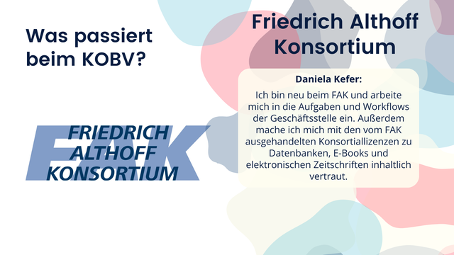 Daniela Kefer: Ich bin neu beim FAK und arbeite mich in die Aufgaben und Workflows der Geschäftsstelle ein. Außerdem mache ich mich mit den vom FAK ausgehandelten Konsortiallizenzen zu Datenbanken, E-Books und elektronischen Zeitschriften inhaltlich vertraut.