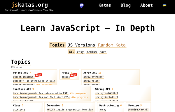 Showing all the katas, the new one is Object.groupBy()