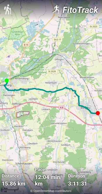 FitoTrack recording between Günzburg and Burgau, Germany, as a hike. The distance is 15.86 km with a pace 12:04 min/km and totaling 3:11:31.