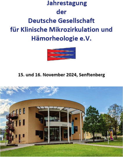 The image shows the announcement of the annual meeting of the German Society for Clinical Microcirculation and Hemorheology. The conference will take place on November 15-16, 2024 at the campus of the Brandenburgian Technical University Cottbus-Senftenberg in Senftenberg.
In the top part of the image is a text with logo that contains information about date and location. In the lower part of the image you can see a building, the Konrad-Zuse-Media-Center, which serves as an event venue. The building is orange-colored and rounded. There is a green lawn in front of it. To its right are trees visible, above there is a blue sky with few clouds.