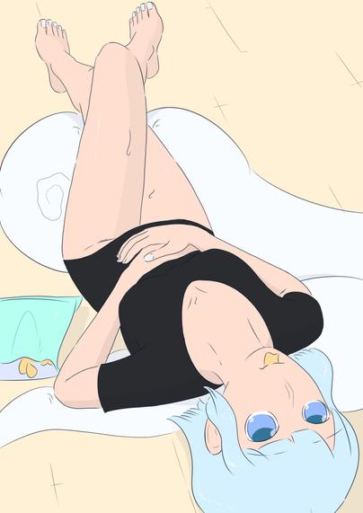 Youmu laying down in a tee shirt eating chips