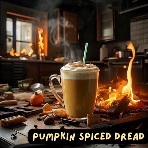 A chaotic kitchen scene with a steaming pumpkin spice latte prominently placed in the center on a cluttered countertop. The latte is in a clear glass mug with whipped cream and cinnamon on top, along with a green straw. Surrounding the mug are scattered ingredients like cinnamon sticks, cloves, and a small pumpkin. In the background, flames are rising from various spots in the kitchen, including the stove and counters, creating an atmosphere of disaster. The image caption at the bottom says, "Pumpkin Spiced Dread" in bold, stylized yellow text.