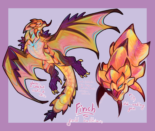 Reference sheet of a Gold Rathian, a monster from the Monster Hunter video game series. The reference sheet contains two drawings: a fullbody of the Rathian in a flying pose, and a headshot showcasing her signature grin.

The Gold Rathian is a wyvern type monster, with a pair of wings and a pair of legs. Her body is covered in highly colorful, shiny scales. Her eyes are a bright, piercing blue.