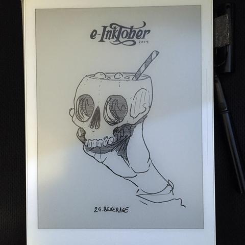 A photo of the same black and white drawing, on the e-ink tablet it was drawn.
