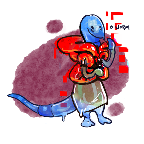 digital art of a gummy worm with short ill defined limbs, looking a little stressed out. their undershirt is practically see-thru with moisture that drips off them and their puffy winter vest (cloak of human disguise) is glitching out severely. oh, worm.
