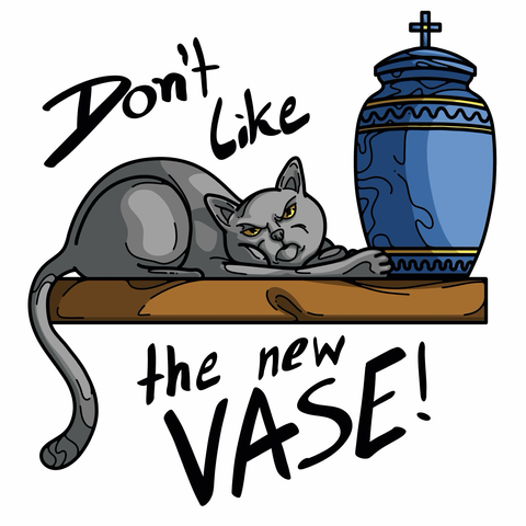 An illustrated angry cat lying on a shelf with her paw on an urn, ready to throw it off the shelf.