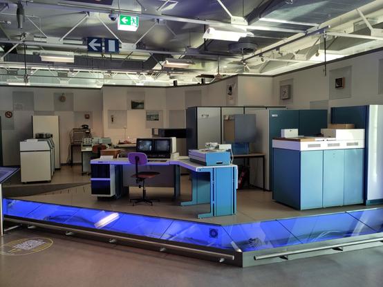 A Robotron mainframe computer from East Germany. The individual components are the size of refrigerators and washing machines and are painted blue and white.