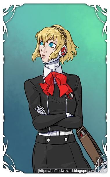A drawing of the character Aigis from the videogame Persona 3. The character, who looks like a young woman with aquamarine eyes and blonde hair down to her neck, is standing with her arms crossed as she looks pensively up at something out of sight. She's wearing school uniform consisting of a black blazer and skirt over a white shirt, tied with a red bow under the collar. She's wearing white gloves and is holding a leather satchel in one hand. She has what looks like headphones on with a golden hairband.