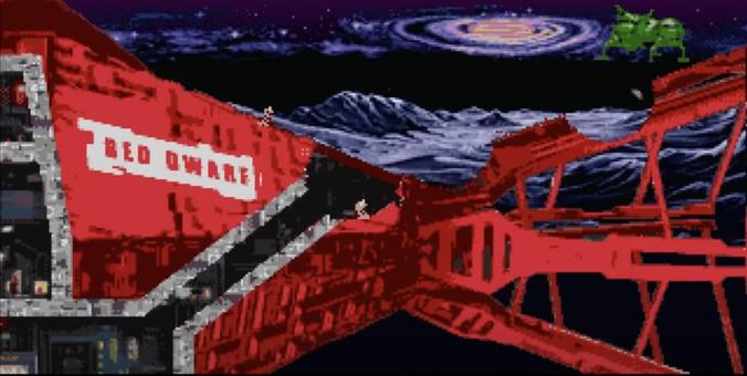 Screenshot of Amiga computer game Worms with a Red Dwarf starship level