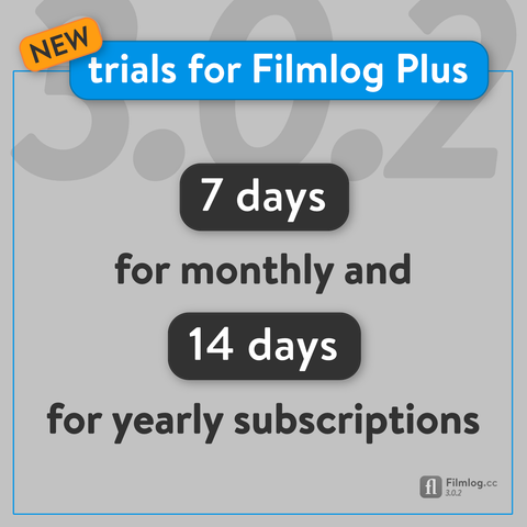 New trials for Filmlog Plus: 7 days for monthly and 14 days for yearly subscriptions.
