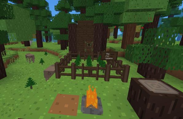 A forest with many fir trees, fir saplings and various fir wood blocks. A sign says "The Fir Update".