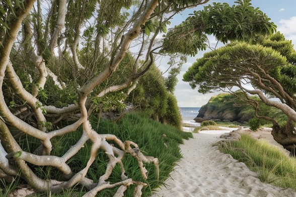 A sandy path leads to an ocean beach under a partly cloudy sky, under twisted branches that create a natural archway framing the distant horizon.