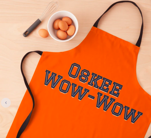 Oskee Wow-Wow is shown on an apron in the University of Illinois or Fighting Illini colors.