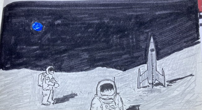 A moonscape with two astronauts and a classic rocket against a black sky where a blue sphere floats alone