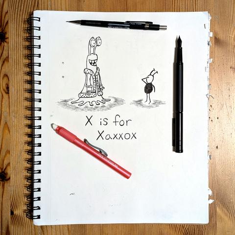 The same image with a Pentel P205 mechanical pencil, a Hongdian extra fine fountain pen, and a Pentel Clic eraser.