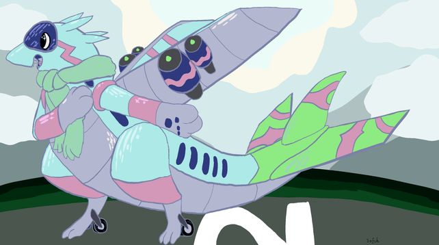 A light blue bipedal plane creature with a gray underside and pink and green highlights. Has big plane wings with jets on them in addition to arms and legs. Wearing a scarf.